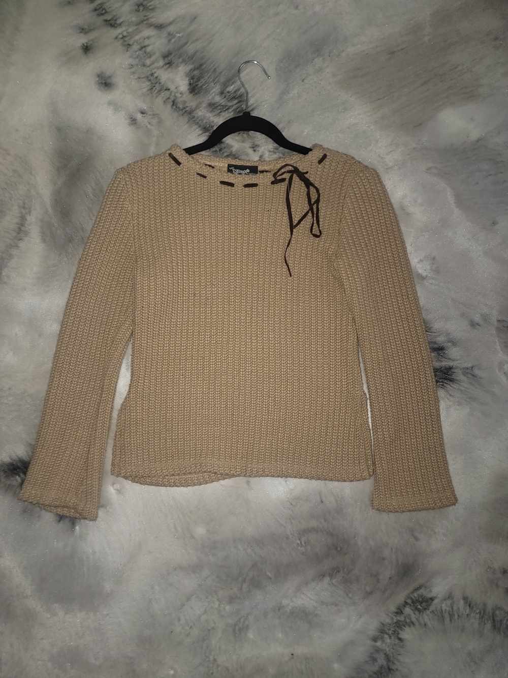 Papaya Tan Knit Lace-Up Crewneck Sweater
